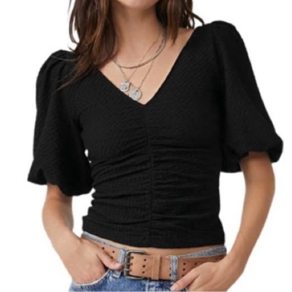 Free People Black Cupcake Ruched Sleeve Top
